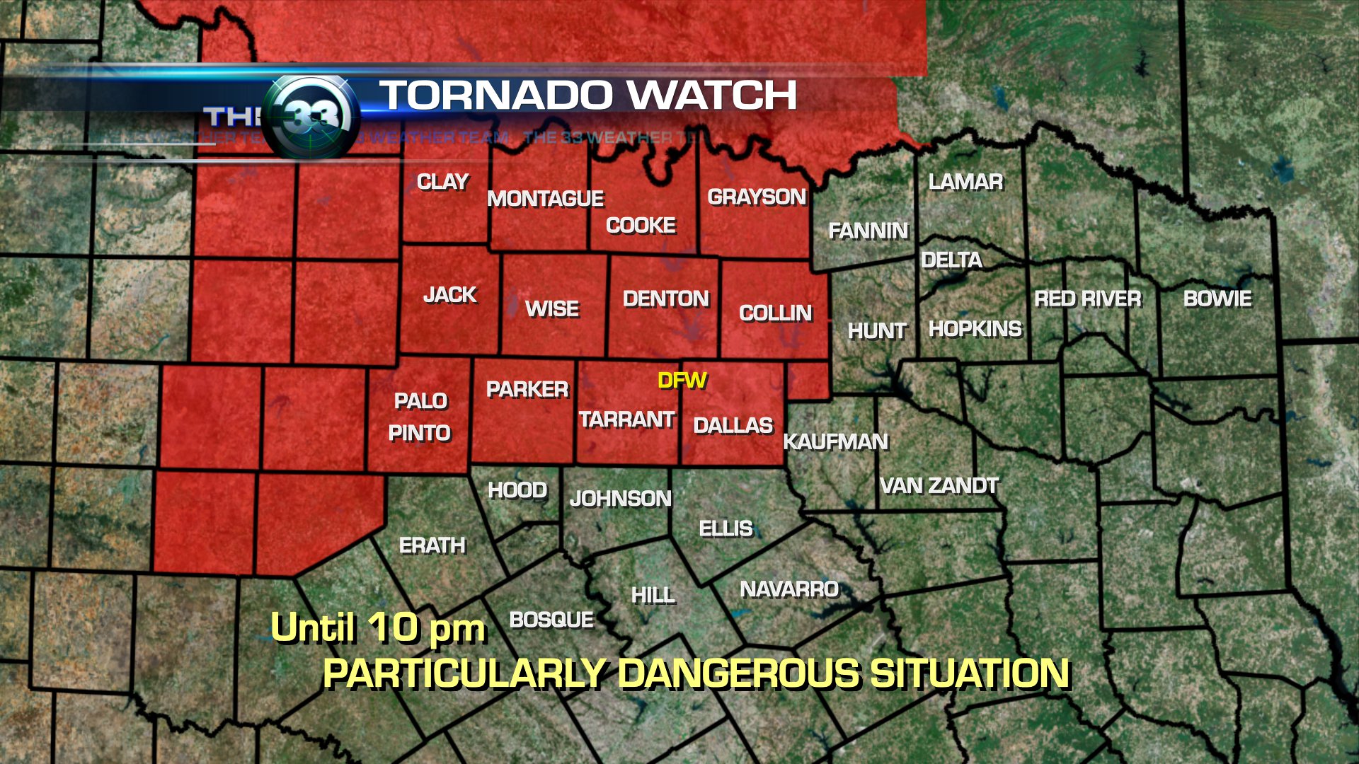 Tornado Watch in effect for Dallas-Tarrant-Parker-Palo Pinto-Rockwall-Kaufman counties ...1920 x 1080